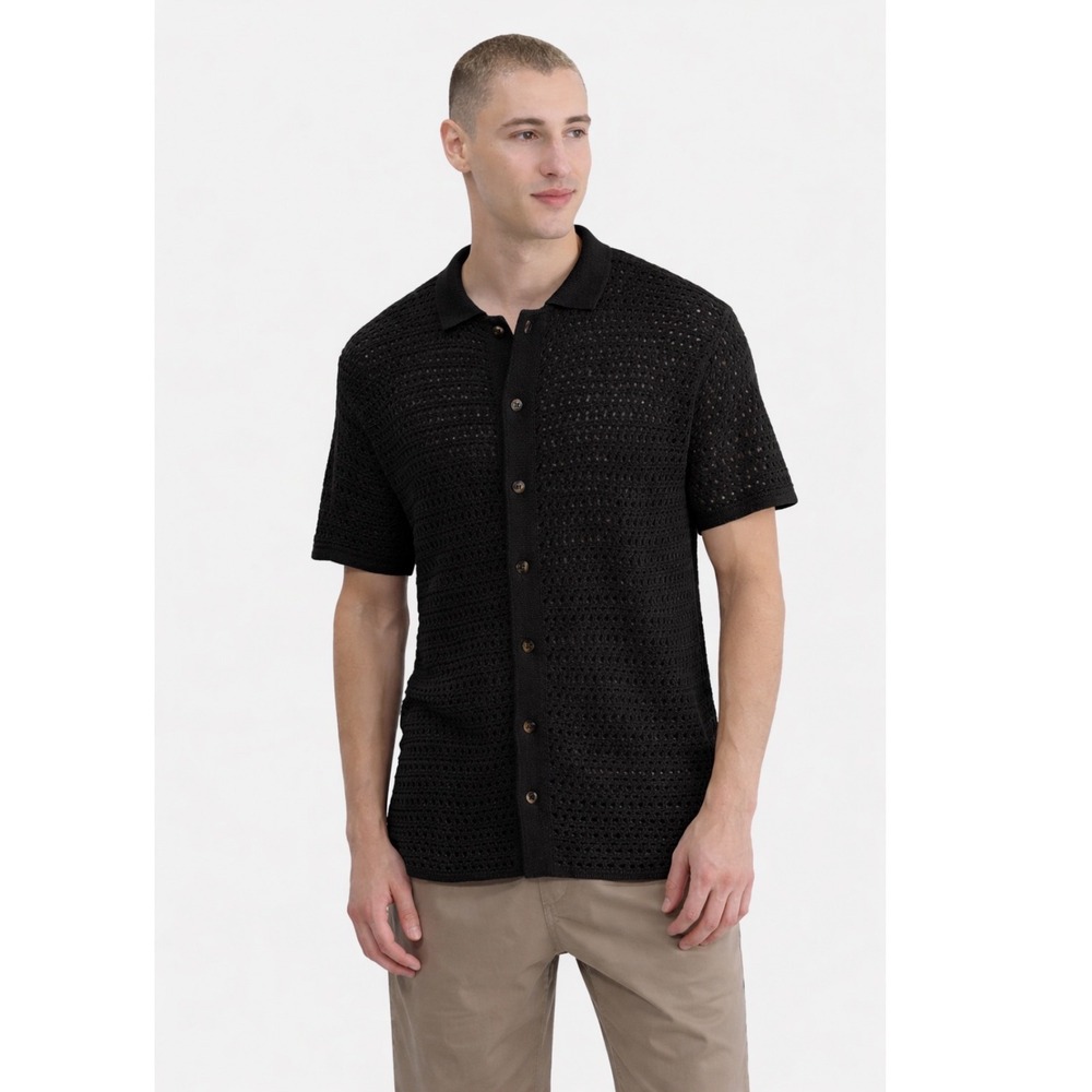 No Boundaries Mens Black Mesh Short Sleeve‎ Button Front Sweater Cardigan Size M